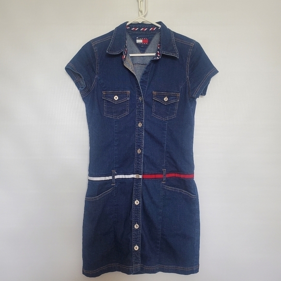 Tommy Hilfiger Dress Vtg Y2k 90's Denim Red Wht Blu Patriotic July 4th Women (L) - Picture 1 of 11